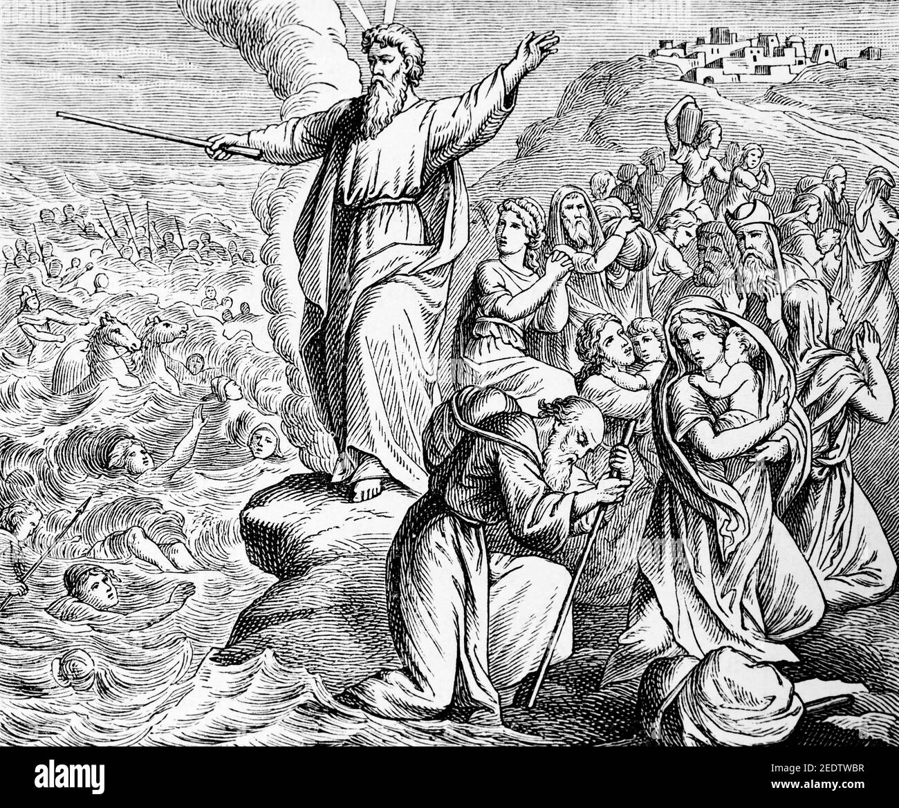Moses hält seinen Stab aus und Gott teilt die Wasser des Yam Suph, Rotes Meer, Altes Testament, Historische bibel Histoire Biblique de L´Ancien Testament, Stockfoto