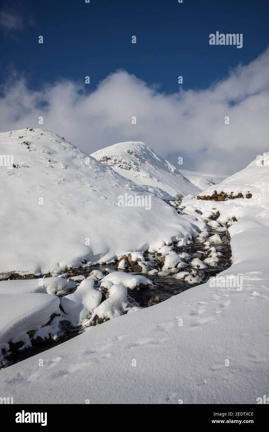 The Tail Burn im Winter, der Bach, der vom abgelegenen Loch Skeen kommt und weiter flussabwärts in den Grey Mares Tail Wasserfall stürzt Stockfoto