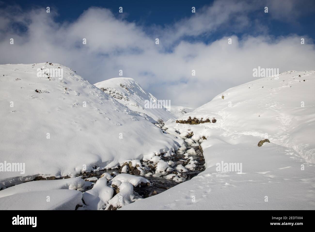 The Tail Burn im Winter, der Bach, der vom abgelegenen Loch Skeen kommt und weiter flussabwärts in den Grey Mares Tail Wasserfall stürzt Stockfoto