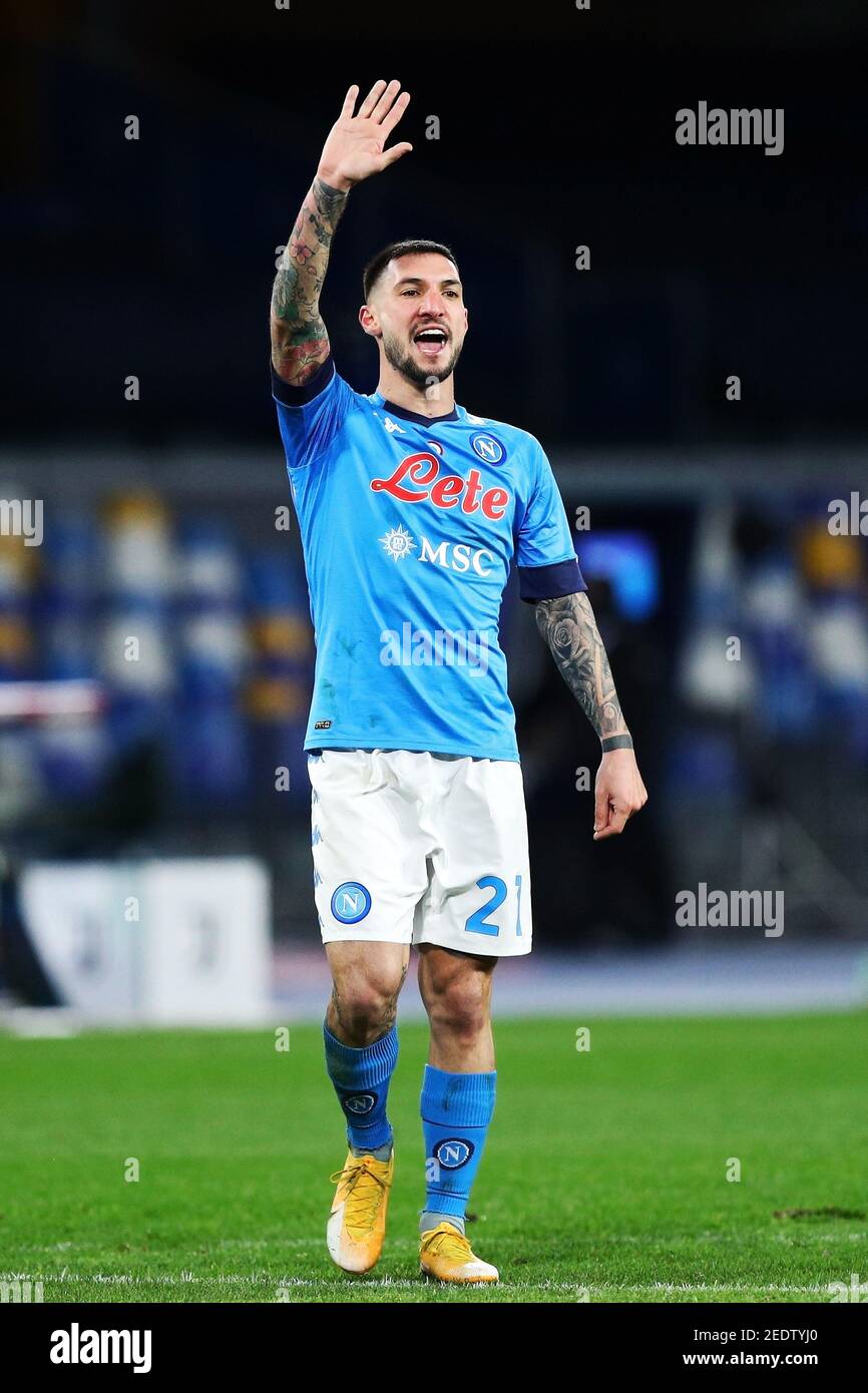 Matteo Politano von Neapel reagiert während der italienischen Meisterschaft Serie A Fußballspiel zwischen SSC Napoli und Juventus FC am 13. Februar 2021 im Diego Armando Maradona Stadium in Neapel, Italien - Foto Federico Proietti / DPPI / LiveMedia/Sipa USA Stockfoto