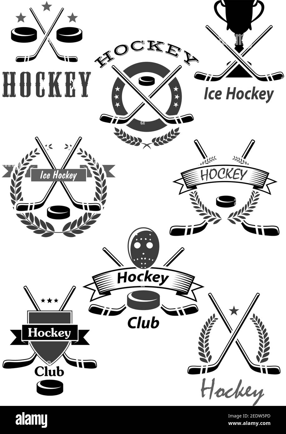 Eishockey-Vektor-Symbole oder Championship-Award-Embleme für Spielturnier. Symbole von Hockey Puck, Stick und Torwartmaske, Siegerpokal und Sieg l Stock Vektor