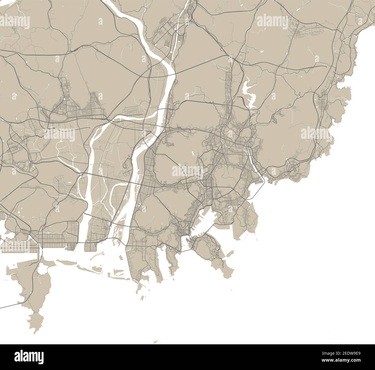 Detaillierte Karte von Busan Stadt Verwaltungsgebiet. Lizenzfreie Vektorgrafik. Stadtbild-Panorama. Dekorative Grafik Touristenkarte von Busan terriitor Stock Vektor