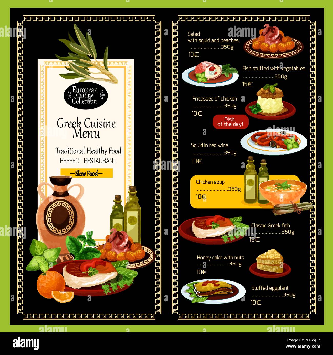 Griechische Küche Menüvorlage für Restaurant. Traditionelle griechische mediterrane Gerichte von Fleisch Essen Grill Gyros, Olivenöl Gemüse Salate oder Fisch s Stock Vektor