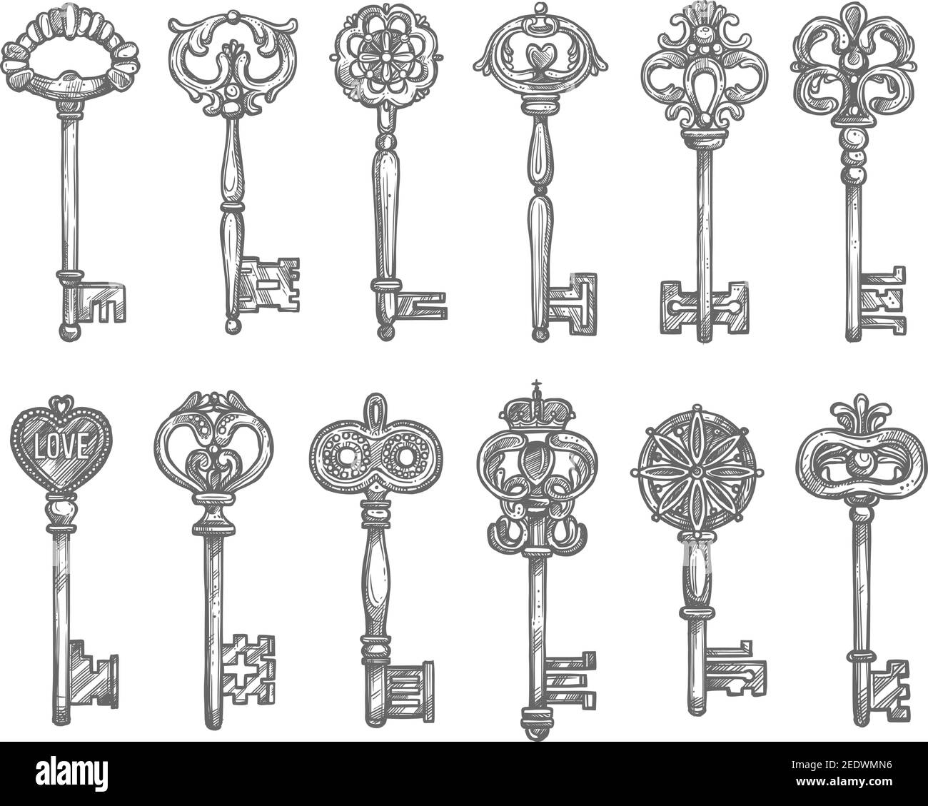 Alte Vintage Schlüssel und antike Skelett Schlüssel Skizze Set.  Türschlüssel mit langem Schaft und dekorativer Schleife, verziert mit  floralem Muster mit Krone, Herz, Fleur-d Stock-Vektorgrafik - Alamy