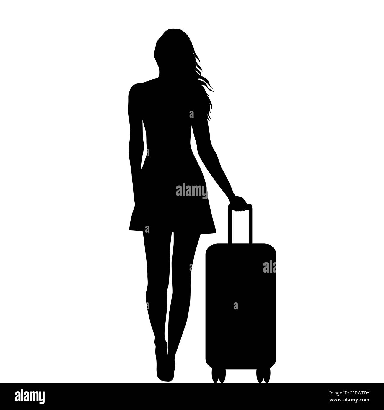 Volle Länge der jungen weiblichen Silhouette mit Reisetasche, isoliert auf weißem Hintergrund Stock Vektor