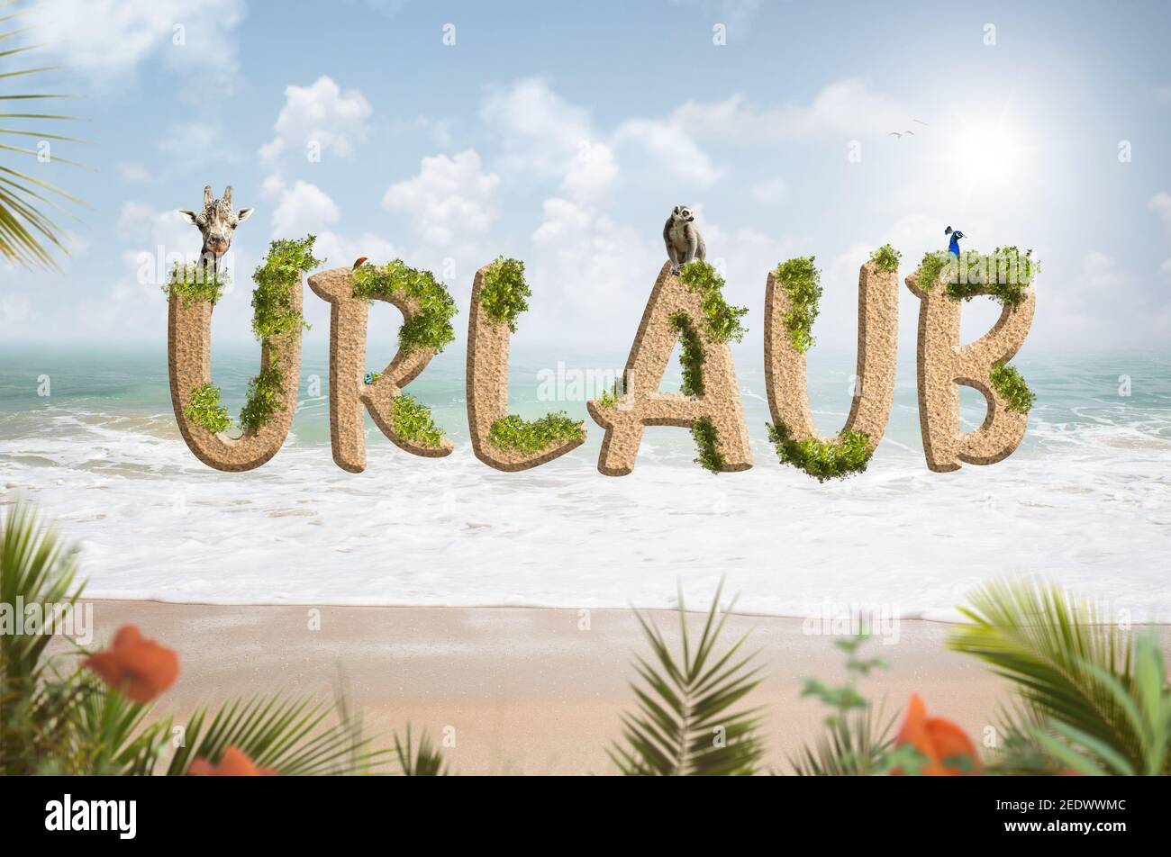 'Urlaub' Schriftzug (deutsch für Urlaub) Auf einem tropischen Strand Hintergrund Stockfoto