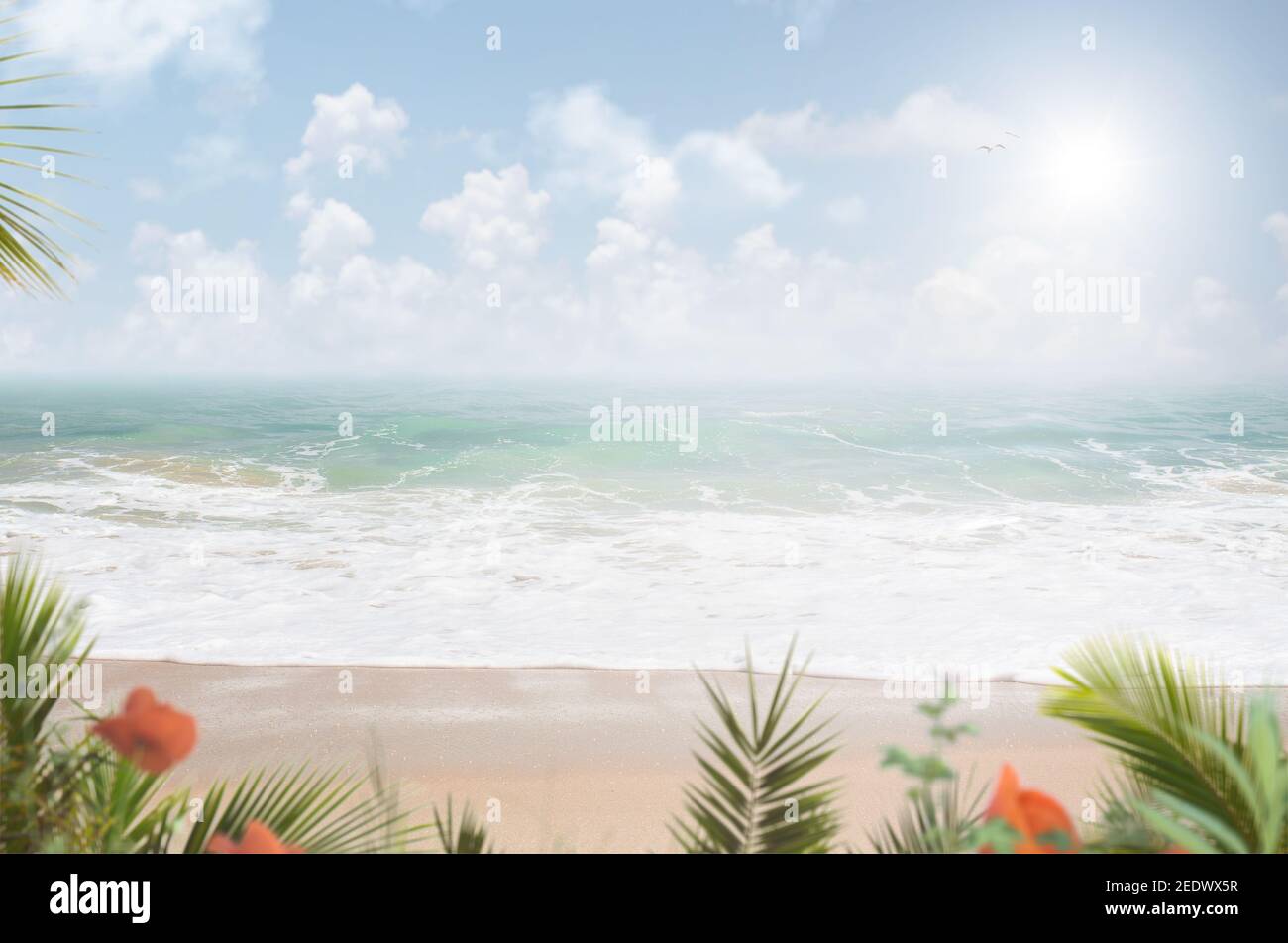 Tropischer Strand Hintergrund mit türkisfarbenem Wasser und keine Menschen Stockfoto
