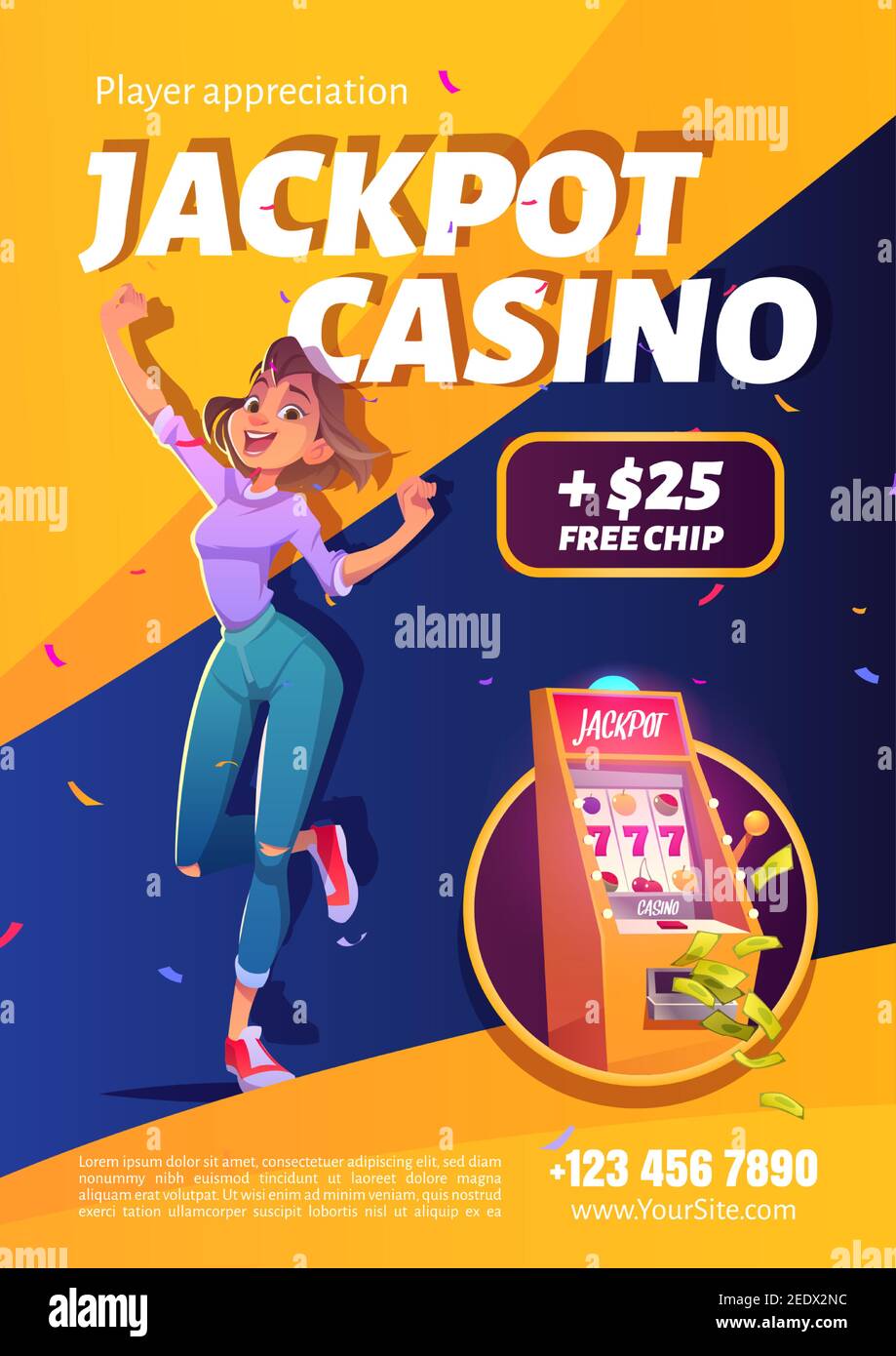 Spielautomaten Jackpot Casino gewinnen Werbeplakat. Lucky Woman feiern Gewinn Springen auf Geld fallen mit allen sieben Spin-Kombination auf einarmigen Bandit, glücklicher Gewinner. Cartoon Vektorgrafik Stock Vektor