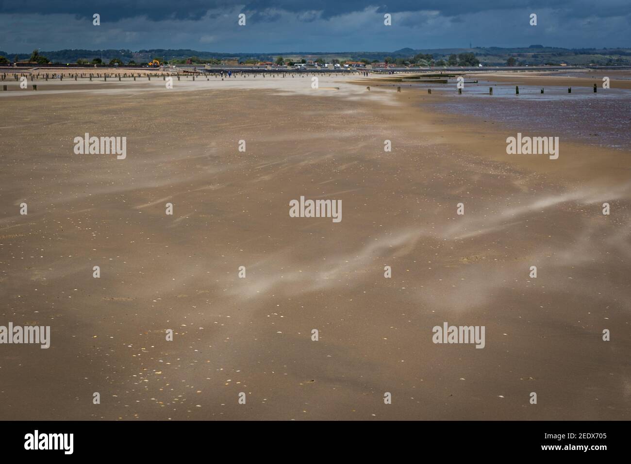Sandsturm an einem einsamen Strand in Dymchurch, Kent, England Stockfoto