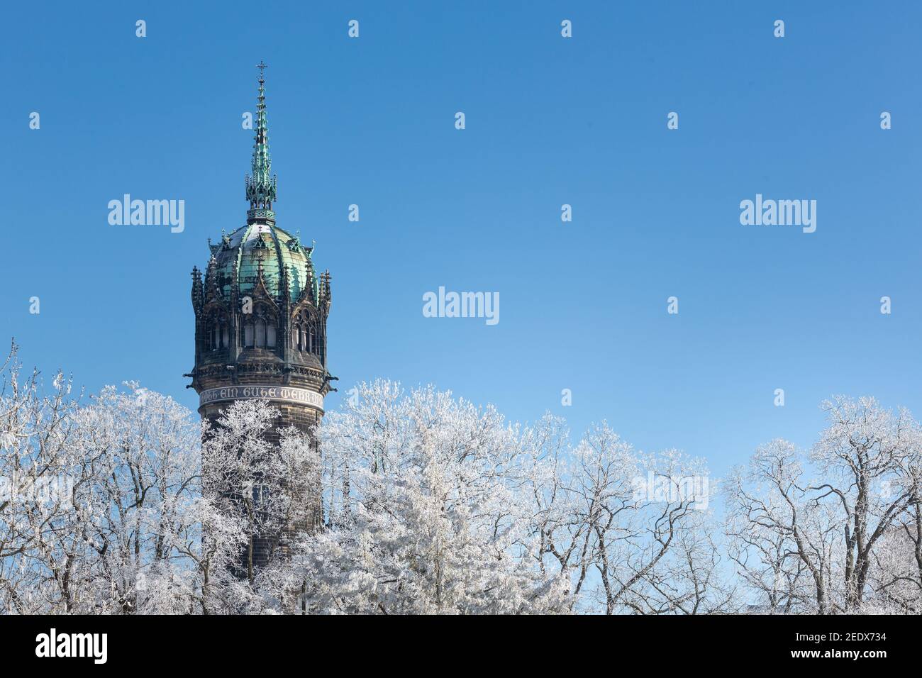 Historische Schlosskirche Wittenberg im Winter Stockfoto