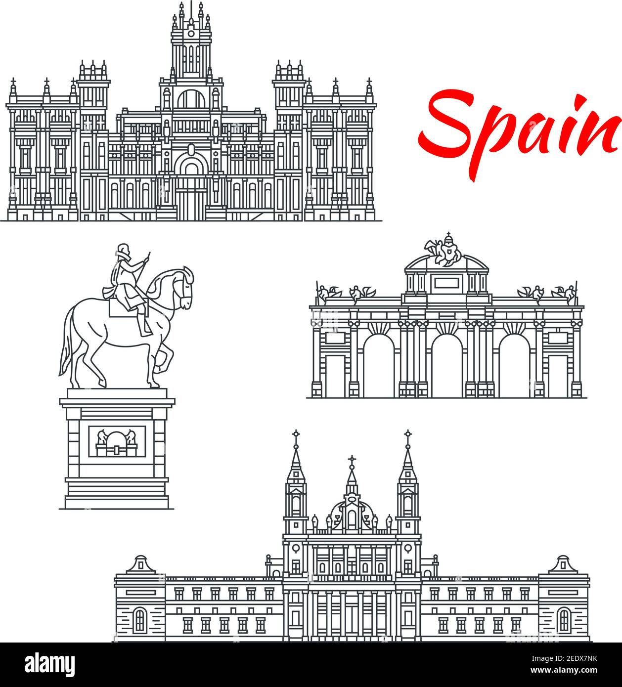 Spanische Architektur und berühmte spanische Wahrzeichen Gebäude. Vector isolierte Ikonen und Fassaden von Cybele Palace, Almudena Kathedrale, Alcala Tor und Phil Stock Vektor