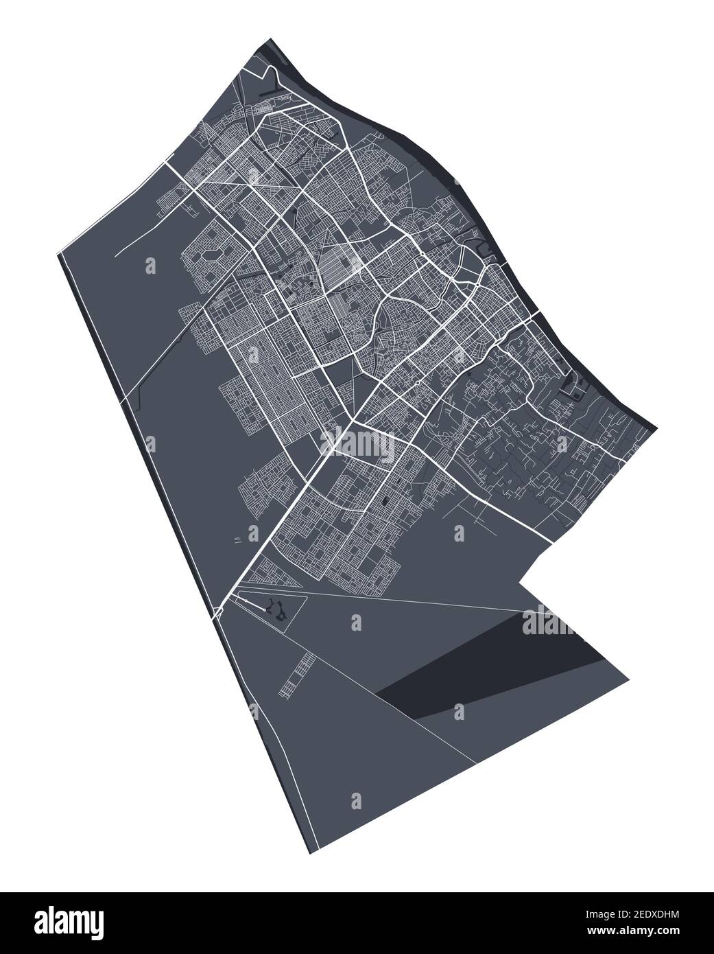 Basra-Karte. Detaillierte Vektorkarte von Basra Stadt Verwaltungsgebiet. Stadtbild Poster Metropolregion Arie Ansicht. Dunkles Land mit weißen Straßen, Straßen und Ave Stock Vektor