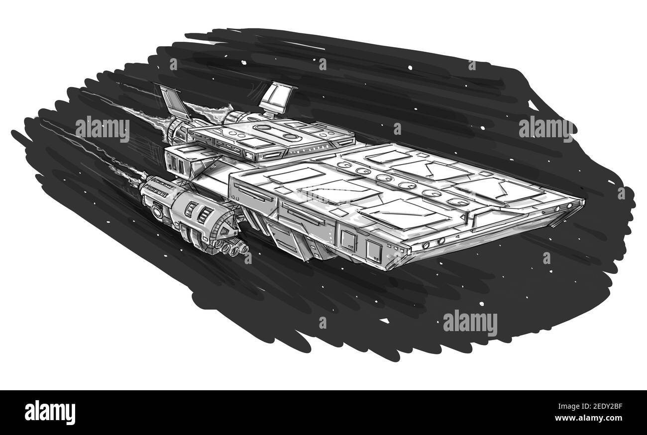Sci-Fi Raumschiff oder Raumschiff-Design, Concept Art Illustration. Raumschiff oder Raumschiff fliegen. Schwarz-Weiß-Zeichnung. Stockfoto