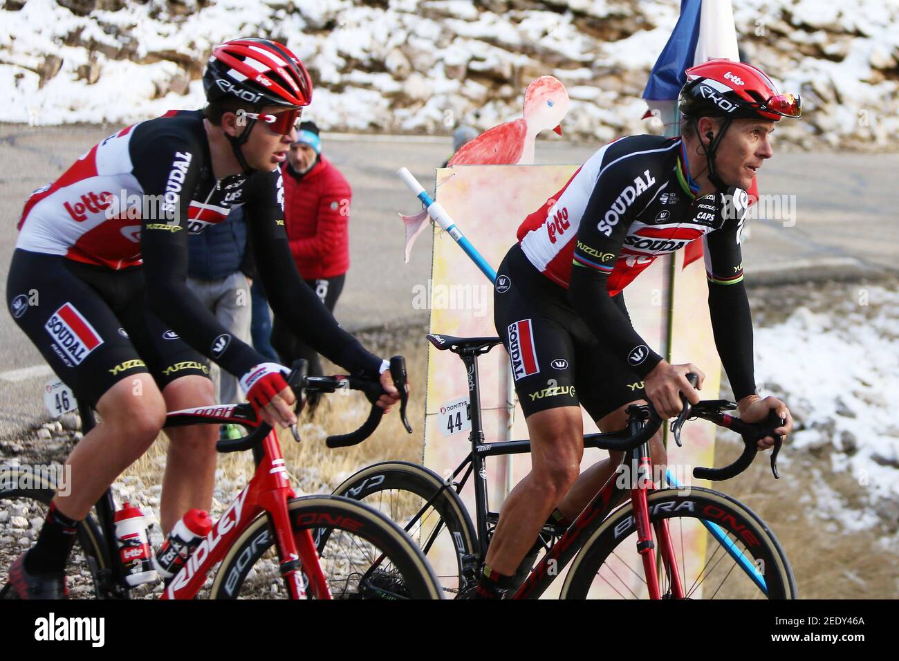 Florian Vermeersch und Philippe Gilbert von Lotto Soudal während der Tour de la Provence, Etappe 3, Istres a Chalet Reynard ( / LM Stockfoto