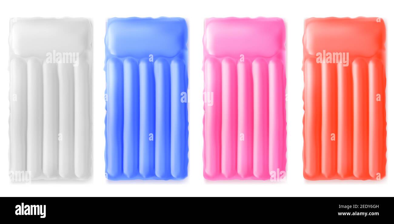 Aufblasbare Wassermatratze für Pool Draufsicht, Gummi-Flöße Zubehör Mockup, bunte Schwimmbetten und Sommer Strand Aktivität isoliert auf weißem Hintergrund, realistische 3D Vektor-Illustration, Set Stock Vektor