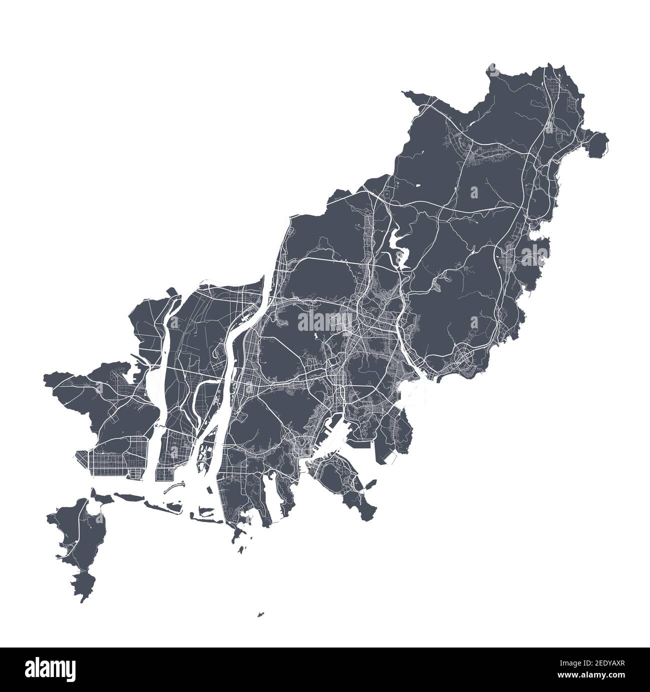 Busan-Karte. Detaillierte Vektorkarte von Busan Stadt Verwaltungsgebiet. Stadtbild Poster Metropolregion Arie Ansicht. Dunkles Land mit weißen Straßen, Straßen und Ave Stock Vektor