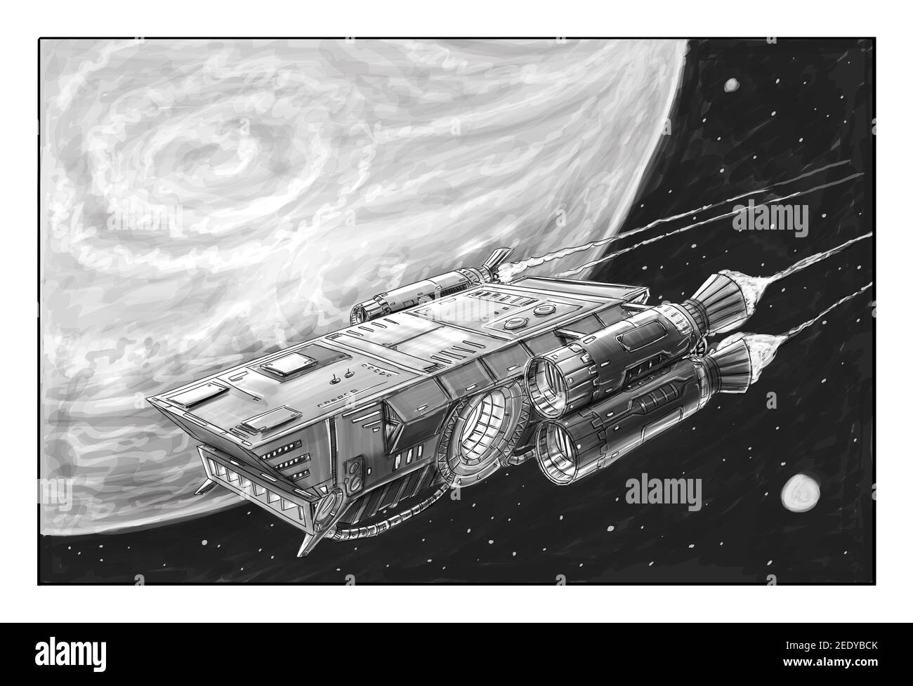 Sci-Fi Raumschiff oder Raumschiff-Design, Concept Art Illustration. Raumschiff oder Raumschiff fliegen in der Nähe des Planeten. Schwarz-Weiß-Zeichnung. Stockfoto