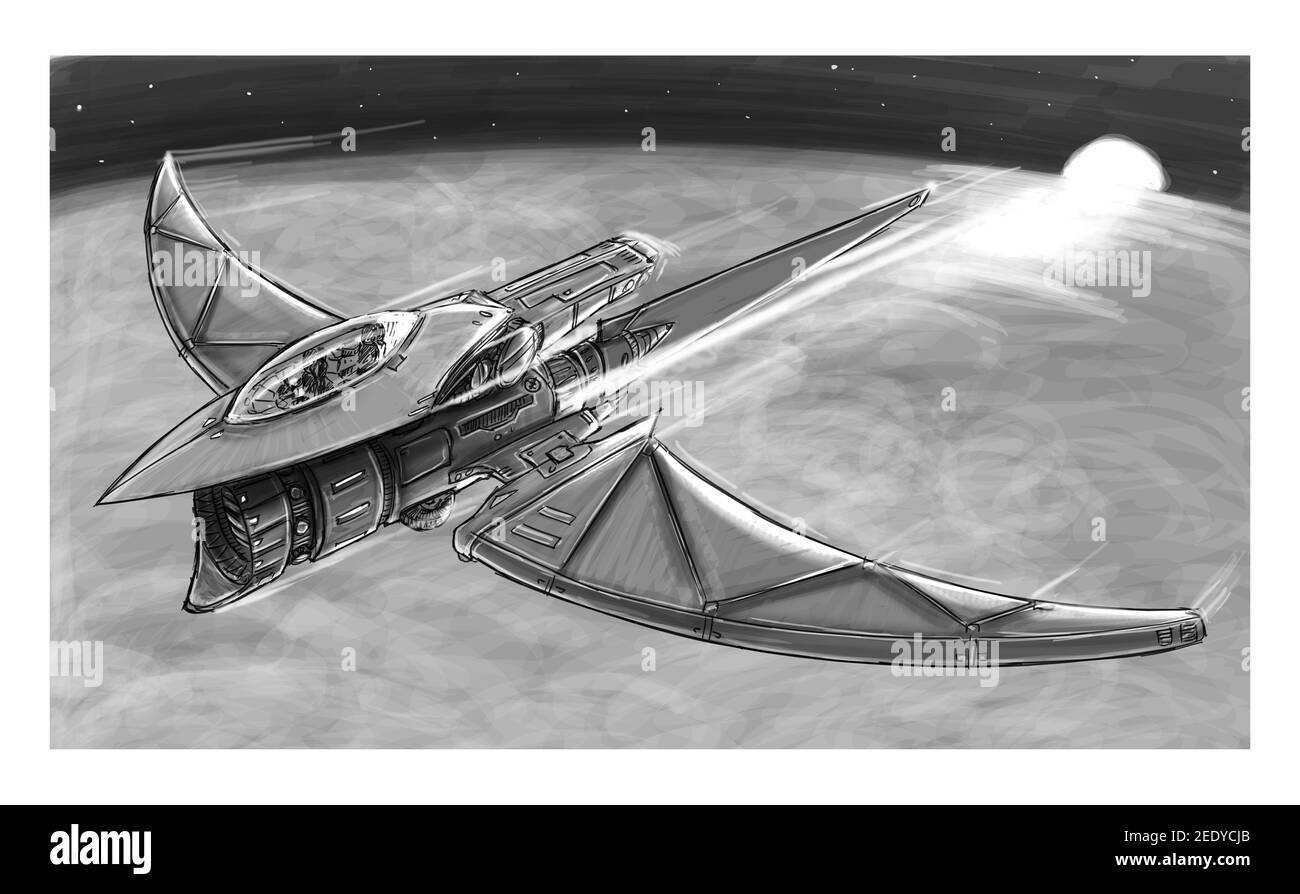 Sci-Fi Raumschiff oder Raumschiff-Design, Concept Art Illustration. Raumschiff oder Raumschiff fliegen über den Planeten. Schwarz-Weiß-Zeichnung. Stockfoto