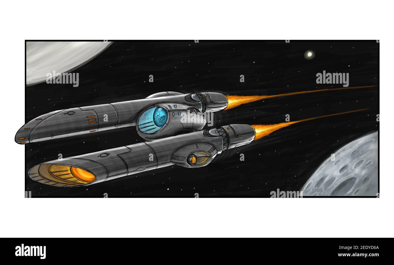 Sci-Fi Raumschiff oder Raumschiff-Design, Concept Art Illustration. Raumschiff oder Raumschiff fliegen in der Nähe des Planeten. Stockfoto