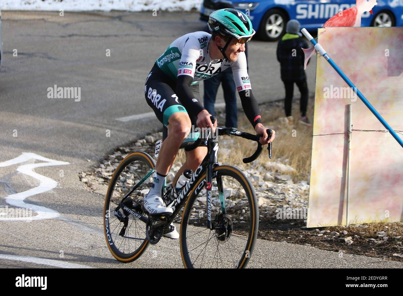 Patrick Konrad von BORA - hansgrohe während der Tour de la Provence, Etappe 3, Istres Ã¢Â&#x80;Â&#X93; Chalet Reynard ( Mont Ventoux ) am 13. Februar 2021 in BÃ©doin, Frankreich - Foto Laurent Lairys / DPPI / LiveMedia Stockfoto