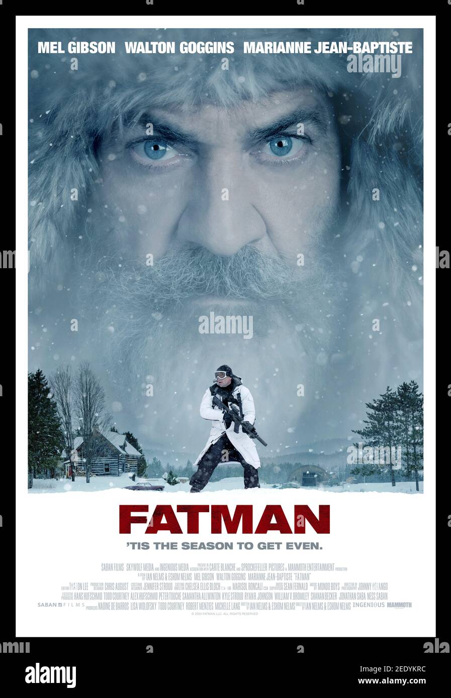 Fatman (2020) unter der Regie von Eshom Nelms und Ian Nelms mit Mel Gibson, Walton Goggins und Marianne Jean-Baptiste. Ein unorthodoxer Weihnachtsmann kämpft, um sein Geschäft zu retten, während ein 12-Jähriger, der mit seinem Geschenk unzufrieden ist, einen Hitman anheuert, um den Weihnachtsmann zu töten. Stockfoto