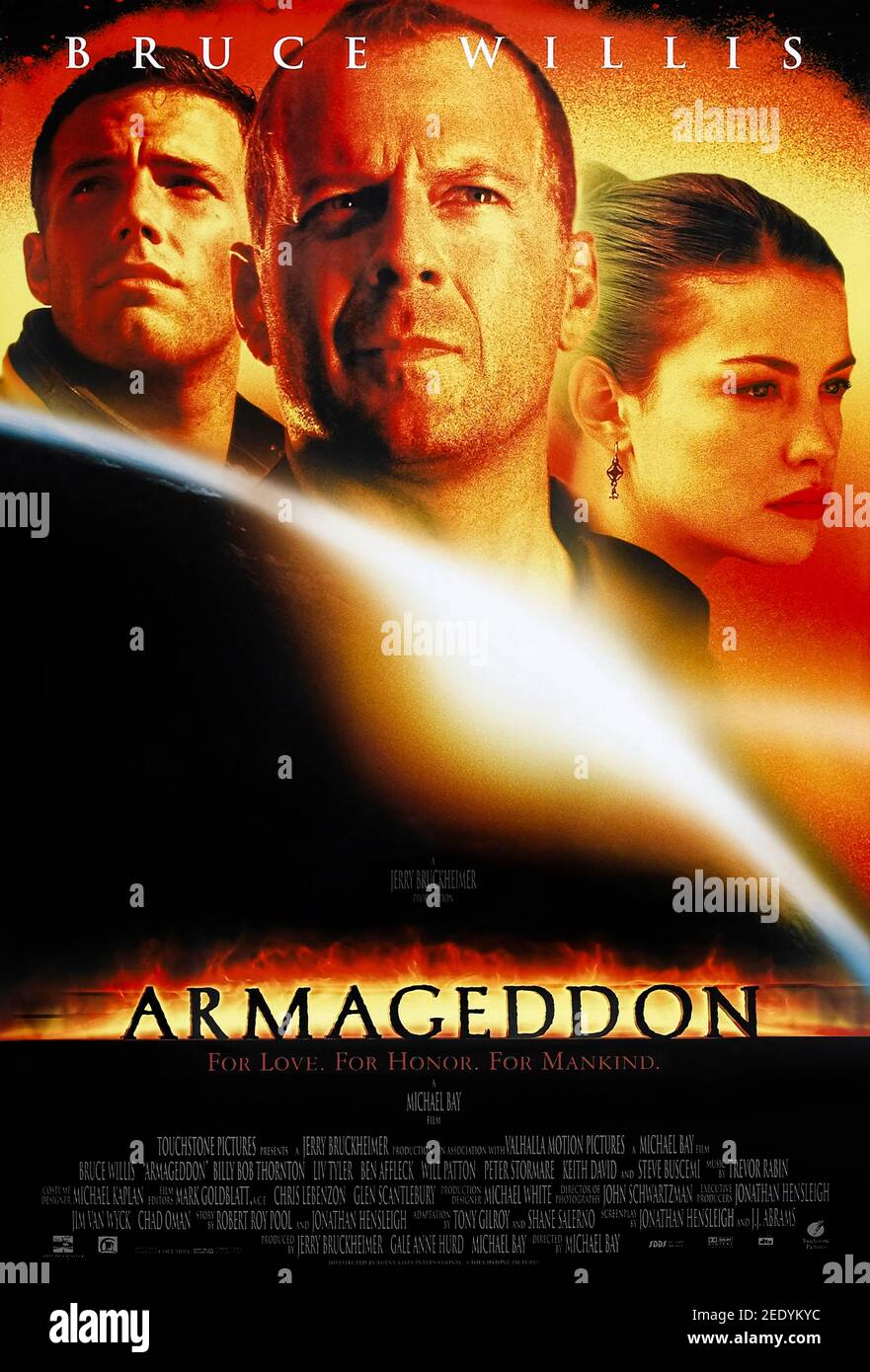 Armageddon (1998) unter der Regie von Michael Bay mit Bruce Willis, Billy Bob Thornton und Ben Affleck. Nachdem die NASA entdeckt hat, dass ein Asteroid der Größe von Texas in weniger als einem Monat auf die Erde eintreffen wird, rekrutiert sie ein untaugbares Team von Tiefkernbohrern, um den Planeten zu retten. Stockfoto