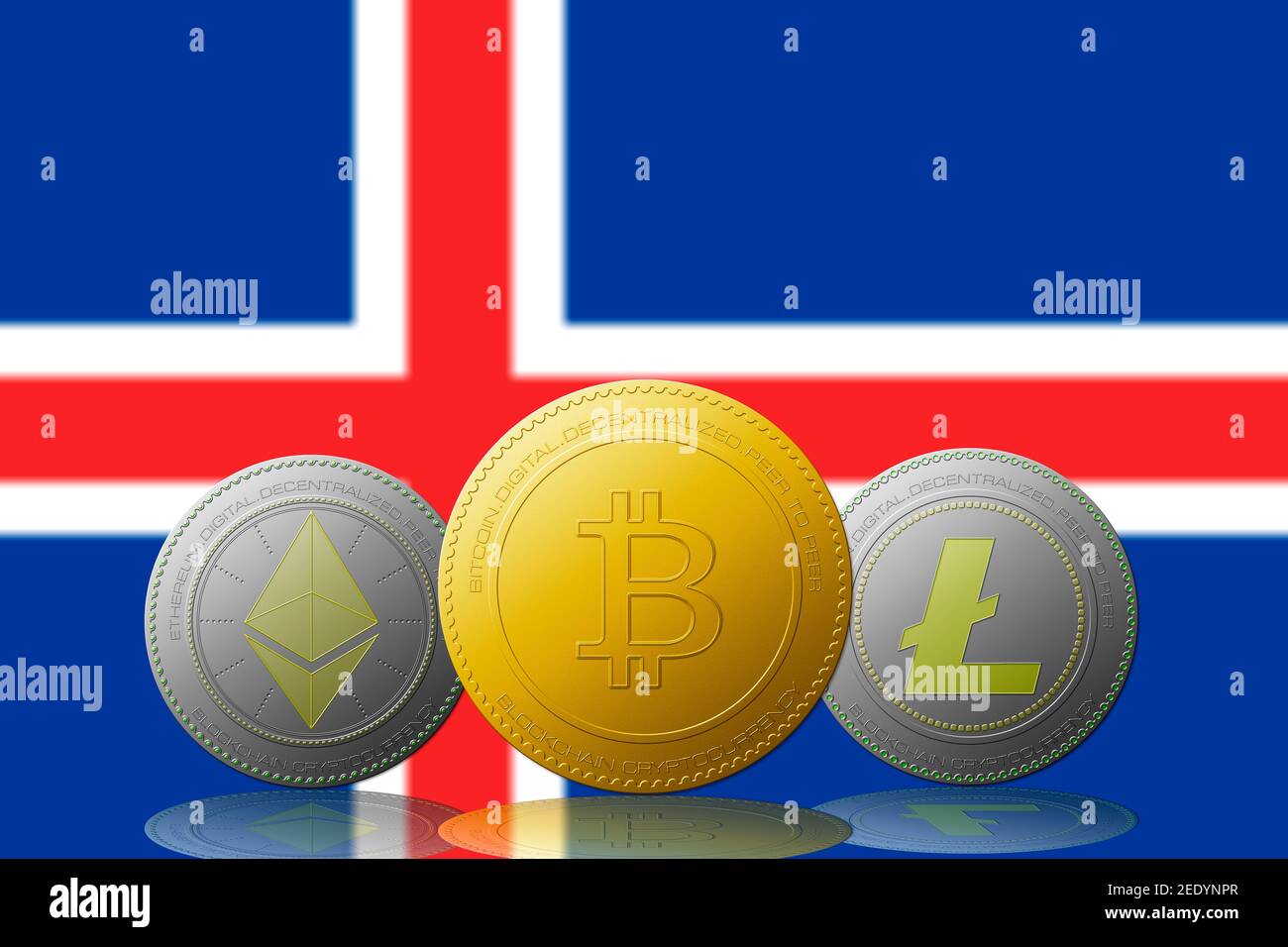 3D Illustration drei Kryptowährungen Bitcoin Ethereum und Litecoin mit Island-Flagge im Hintergrund. Stockfoto