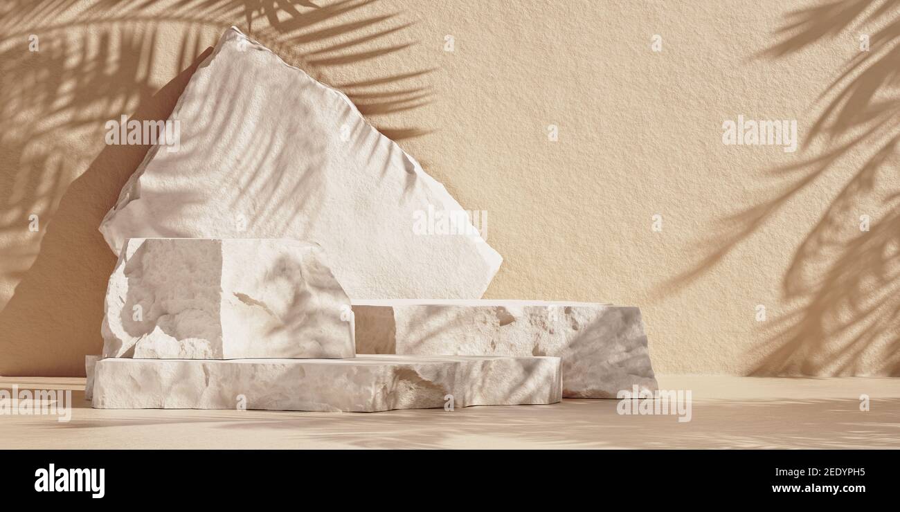 Minimalmockup mit Premium Podium aus Natursteinplatten und Palmblatt-Schatten an der braunen Wand. 3D Rendering-Illustration. Stockfoto