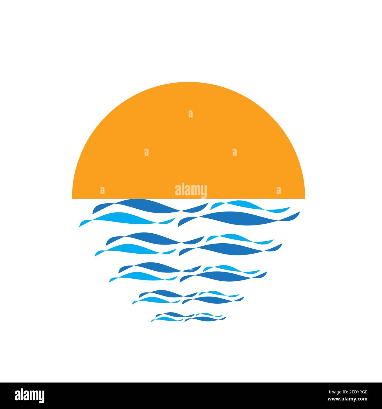 Sun Logo mit blauen Wellen. Kreative Ikone des Sonnenuntergangs. Vektorgrafik Design. Stock Vektor