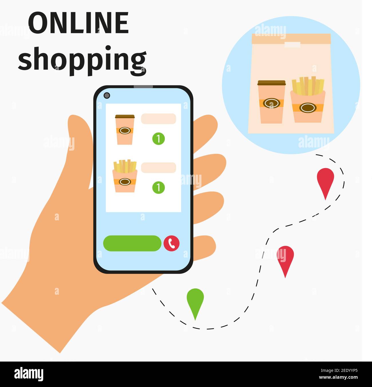 Online-Shopping. Vektor-Shopping per Telefon. Bestellen Sie Lebensmittel über die App. Kontaktloses Kaufverfahren. Hand mit dem Telefon. Stock Vektor