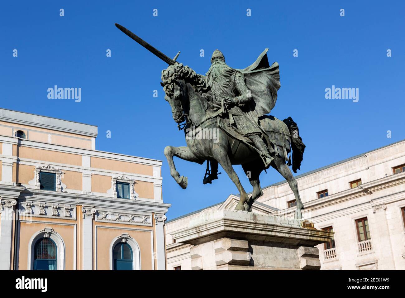 Bronze Reiterstatue und Denkmal für den Cid Campeador in der Stadt Burgos. Spanien. Stockfoto