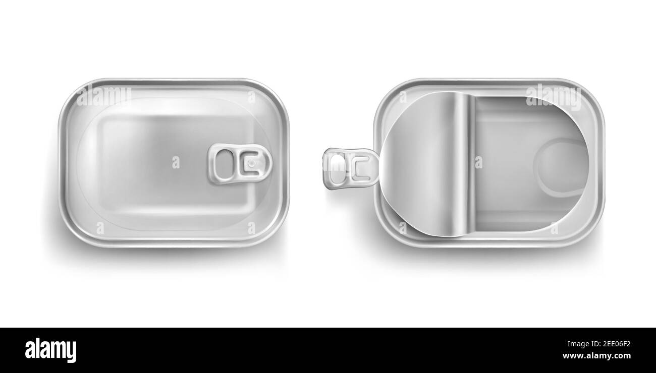 Aluminium-Blechdose für Sardine in der Draufsicht. Vektor realistische Nachbau von rechteckigen Metallbehältern für Fisch und Thunfisch. Leere Konserve-Box mit offenem und geschlossenem Deckel isoliert auf weißem Hintergrund Stock Vektor