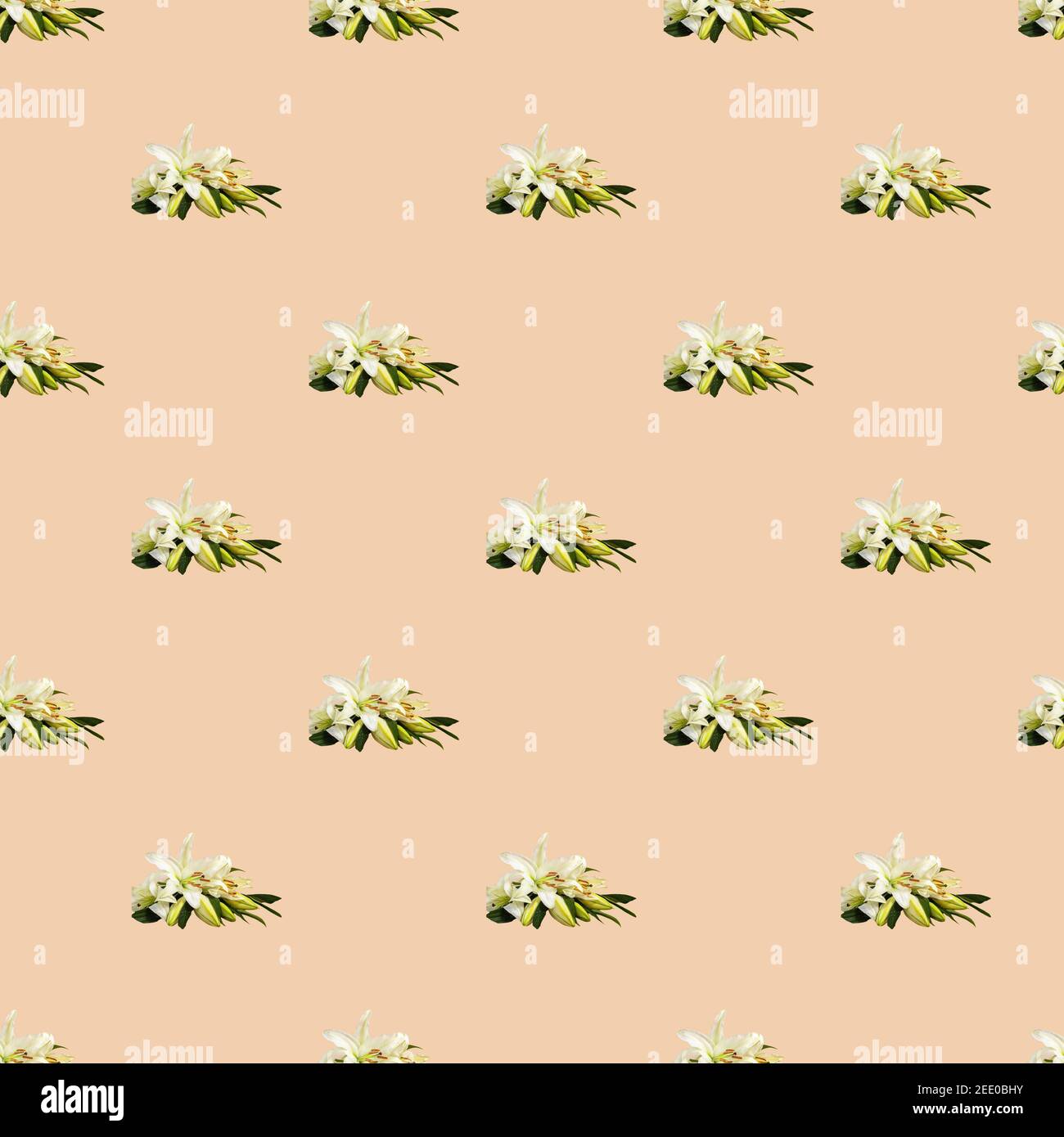 Nahtloses Muster mit Blumen auf hellem Hintergrund. Minimale isometrische Lebensmittelstruktur. Verwendet für Platten, Druck auf Stoff. Speicherplatz kopieren. Stockfoto