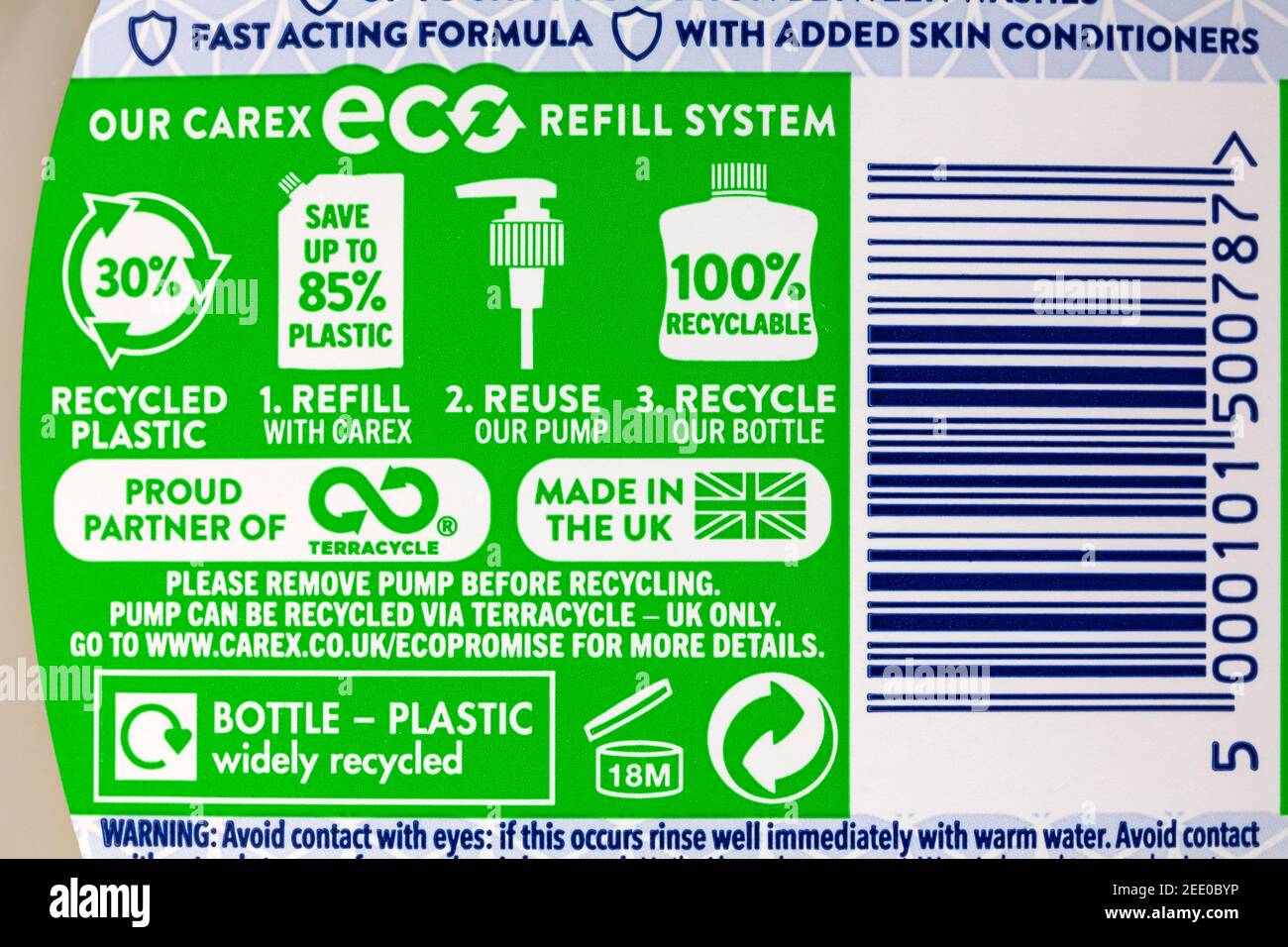 Unsere Carex ECO Nachfüllsystem Informationen über Flasche Cussons Carex Advanced Protect Pflege antibakterielle Handwäsche 3 Stunden Schutz Feuchtigkeitsspendend Stockfoto