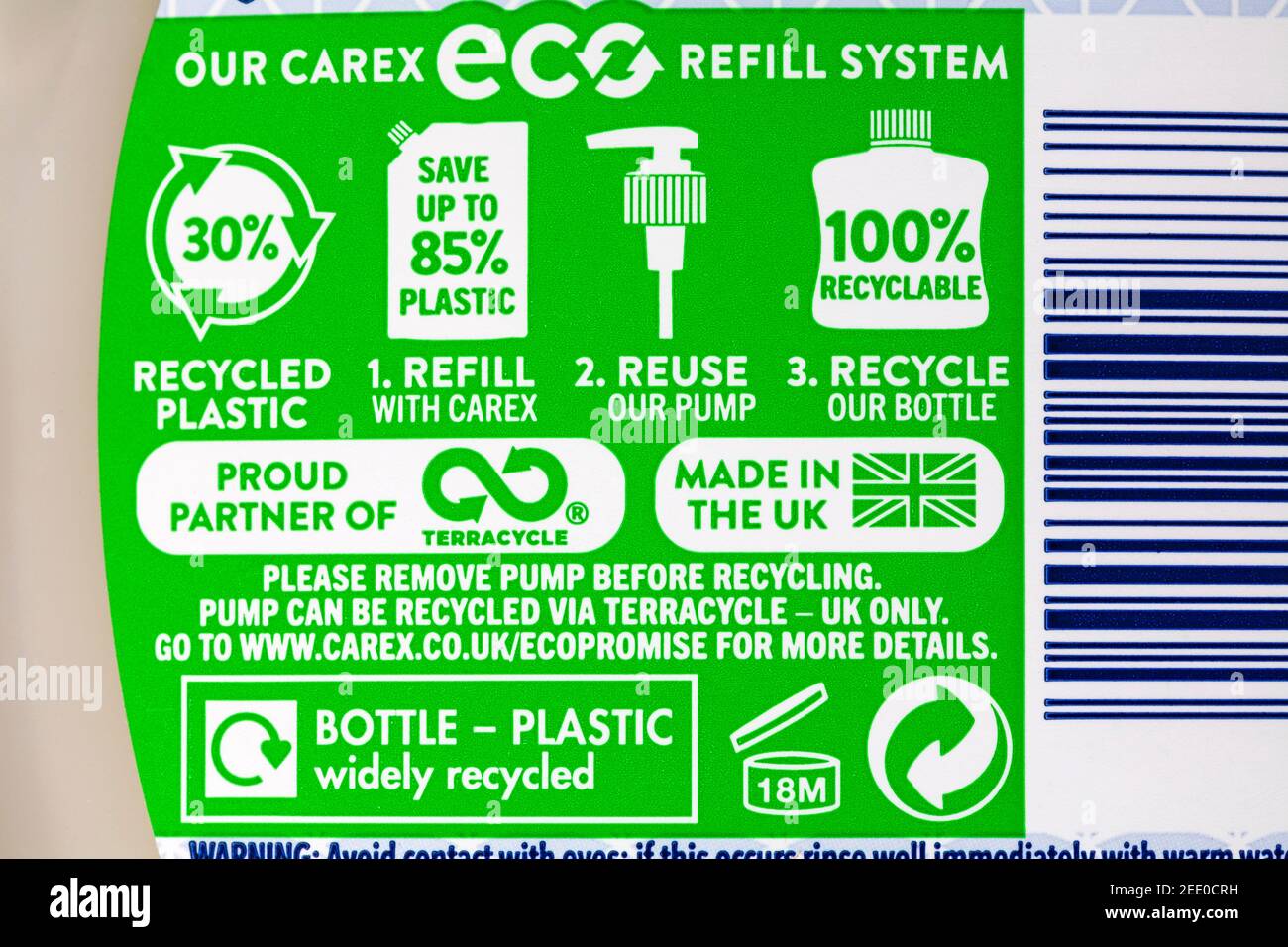 Unsere Carex ECO Nachfüllsystem Informationen über Flasche Cussons Carex Advanced Protect Pflege antibakterielle Handwäsche 3 Stunden Schutz Feuchtigkeitsspendend Stockfoto