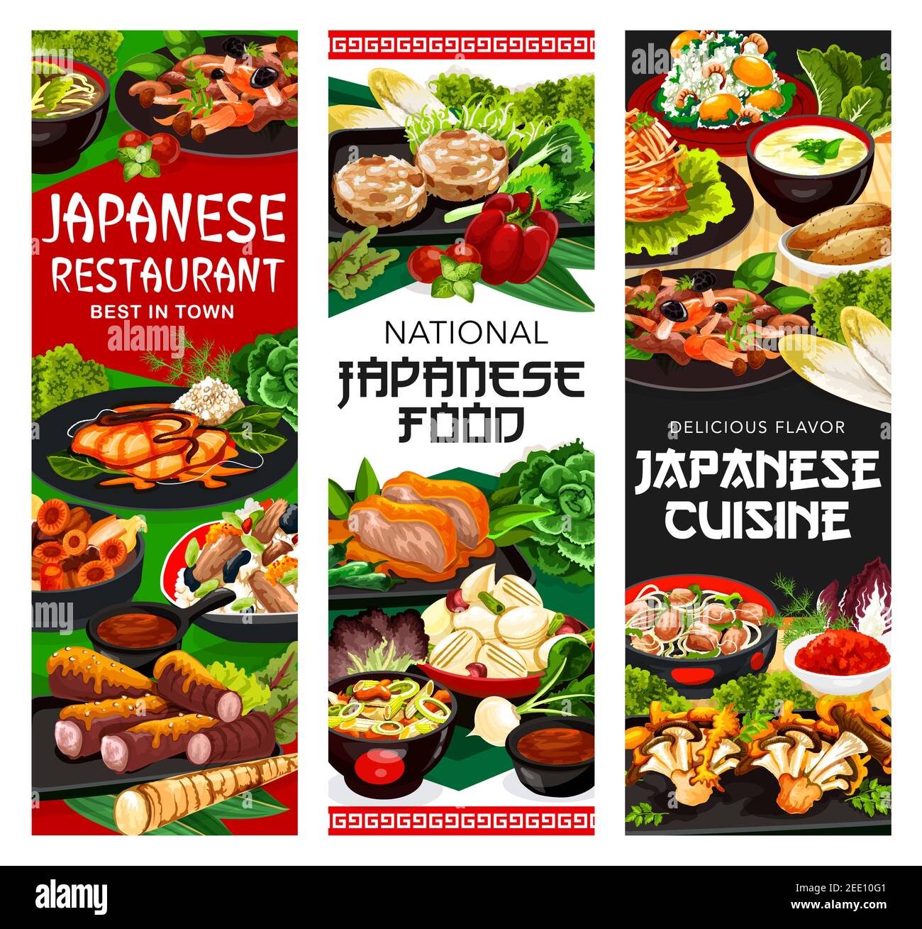 Japanische Küche Restaurant Gerichte Banner. Klettenwurzel, Gelbschwanzfisch und Schweinefleisch in Miso gebraten, temari Sushi, gebratenes Huhn mit Paprika und Rübenwurzel Stock Vektor