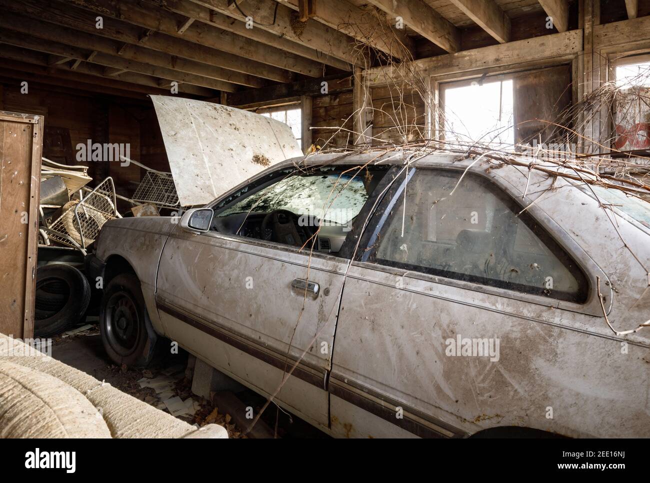 Ein 1980s Ford Tempo in einer verlassenen Scheune. Ontario, Kanada. Stockfoto