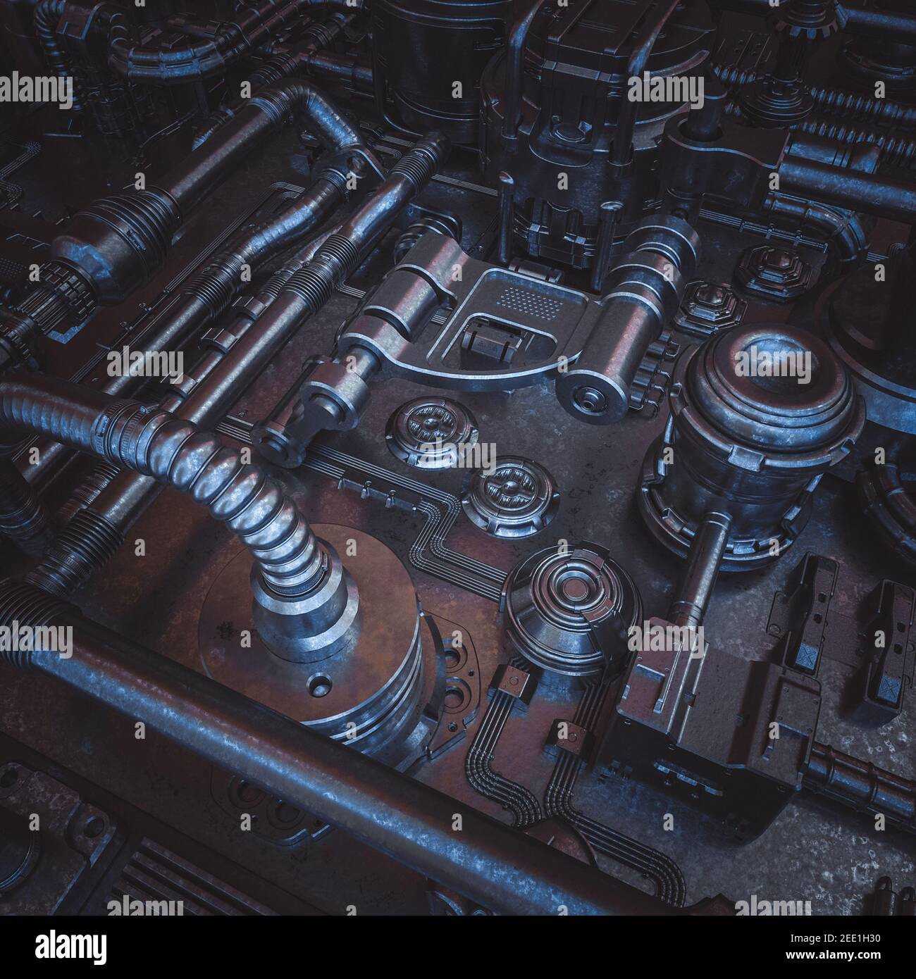 Abstrakter Science-Fiction-Hintergrund mit Kabeln und Rohren. 3D Rendern. Stockfoto