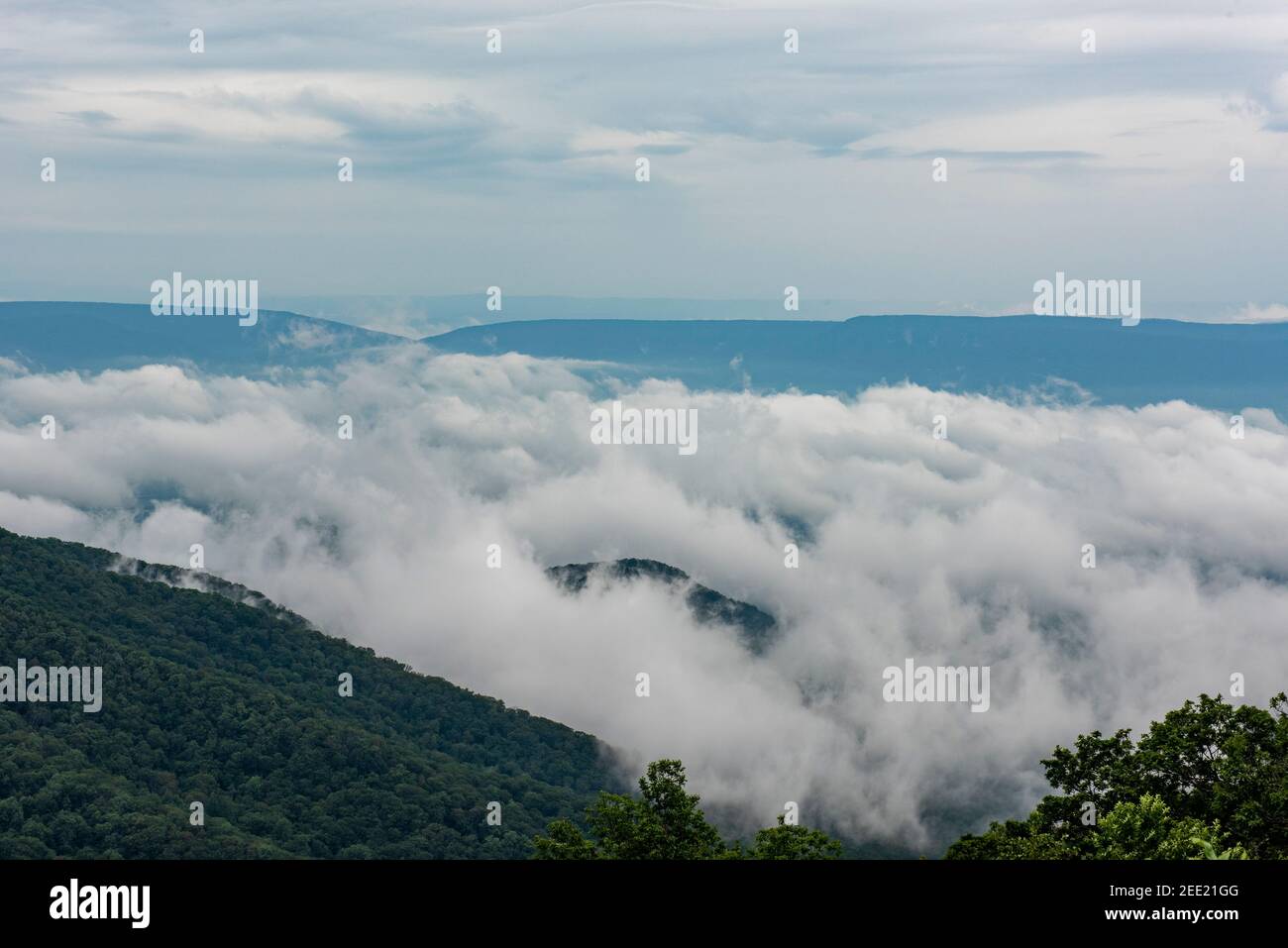 Clounds Rollen über die Blue Ridge Mountains, vom Skyline Drive im Shenandoah National Park aus gesehen. Stockfoto