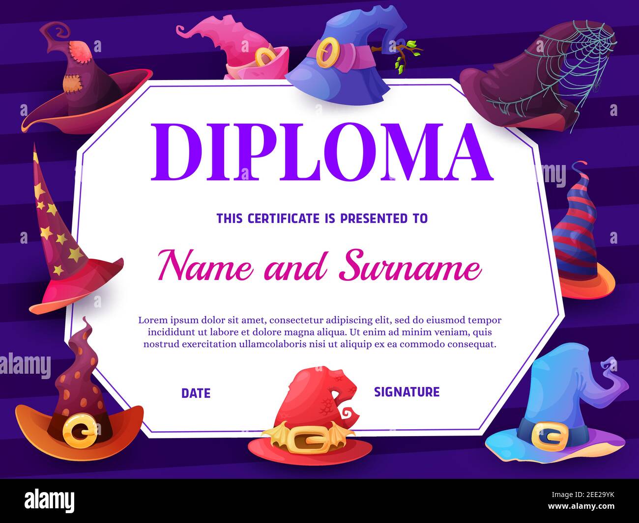 Bildung Schule Diplom Vektor-Vorlage mit Cartoon Hexen Hüte With Halloween Certificate Template Bildung Schule Diplom Vektor-Vorlage mit Cartoon Hexen Hüte With Halloween Certificate Template
