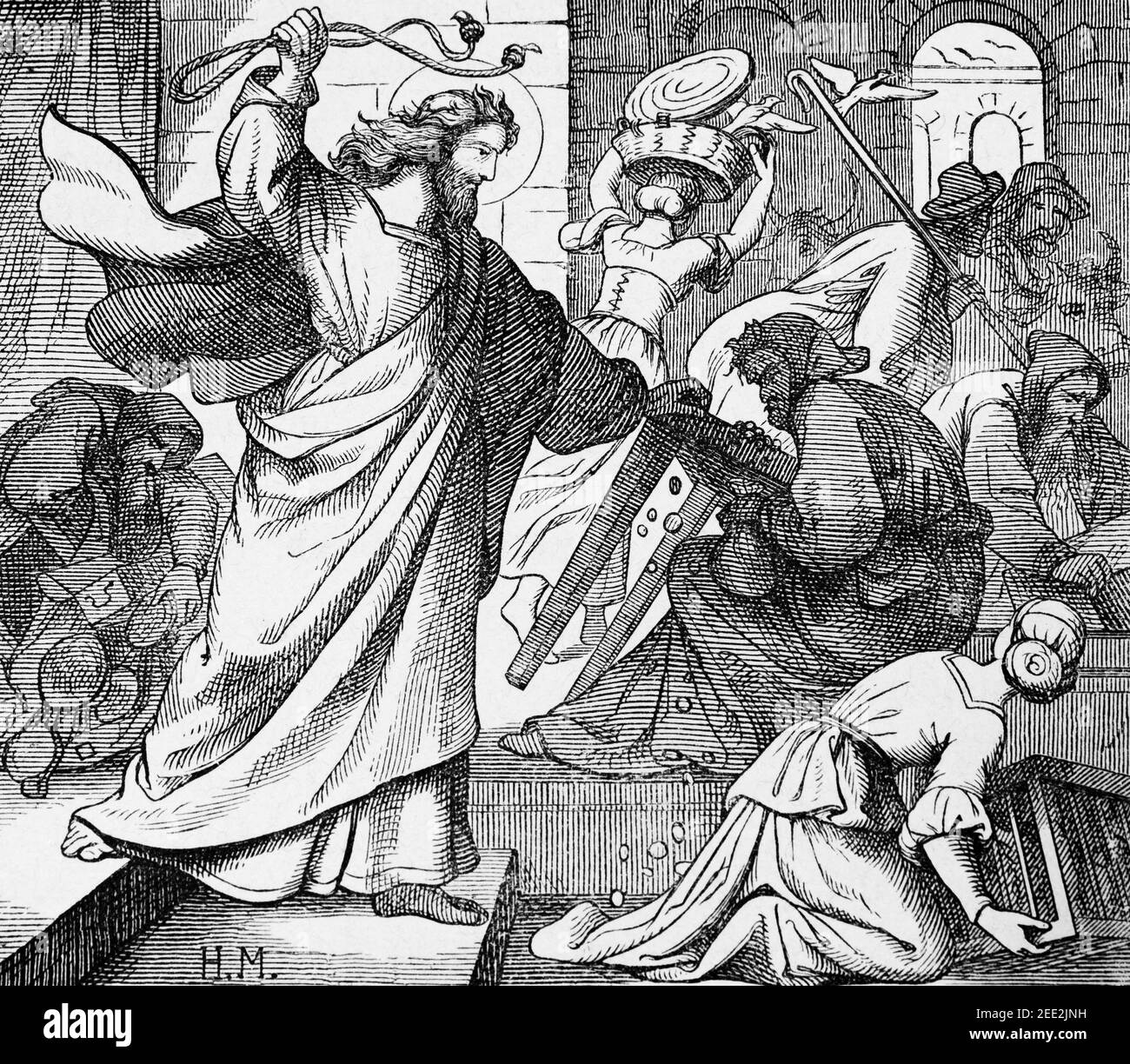 Jesus jagt die Geldwechsler aus dem Tempel, Szene des Neuen Testaments, Histoire Biblique de L´Ancien Testament, Stockfoto