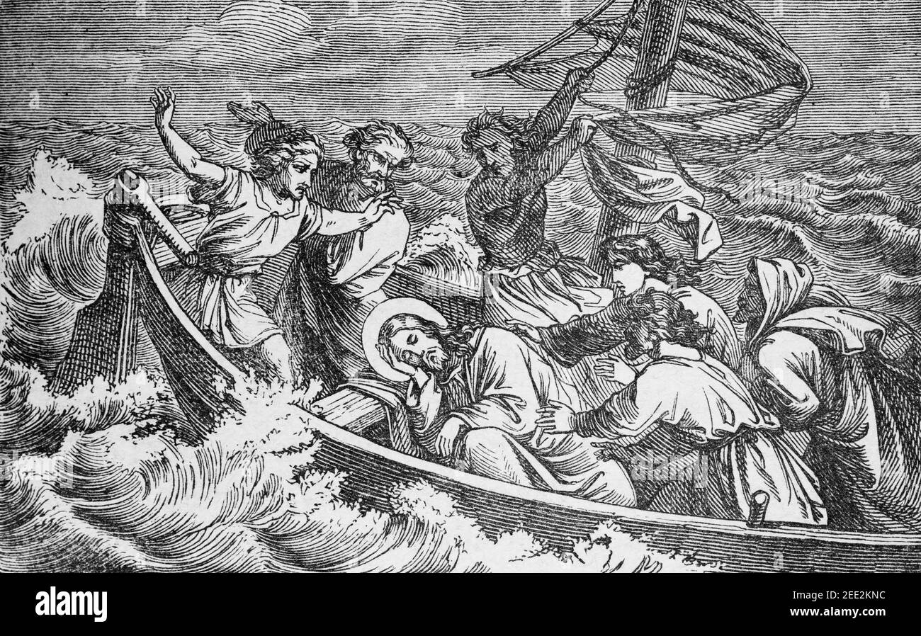 Jesus beruhigt den Sturm auf dem See Galiläa, Szene des Neuen Testaments, Histoire Biblique de L´Ancien Testament, Stockfoto