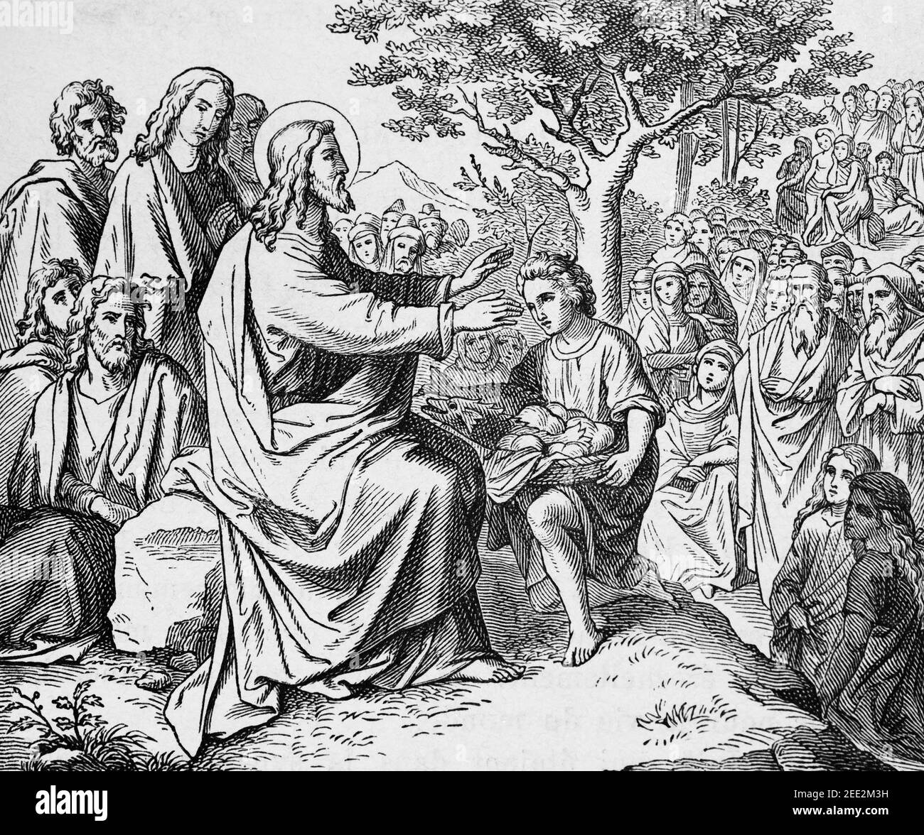 Die Fütterung der Fünftausend, Szene des Neuen Testaments, Histoire Biblique de L´Ancien Testament, Stockfoto