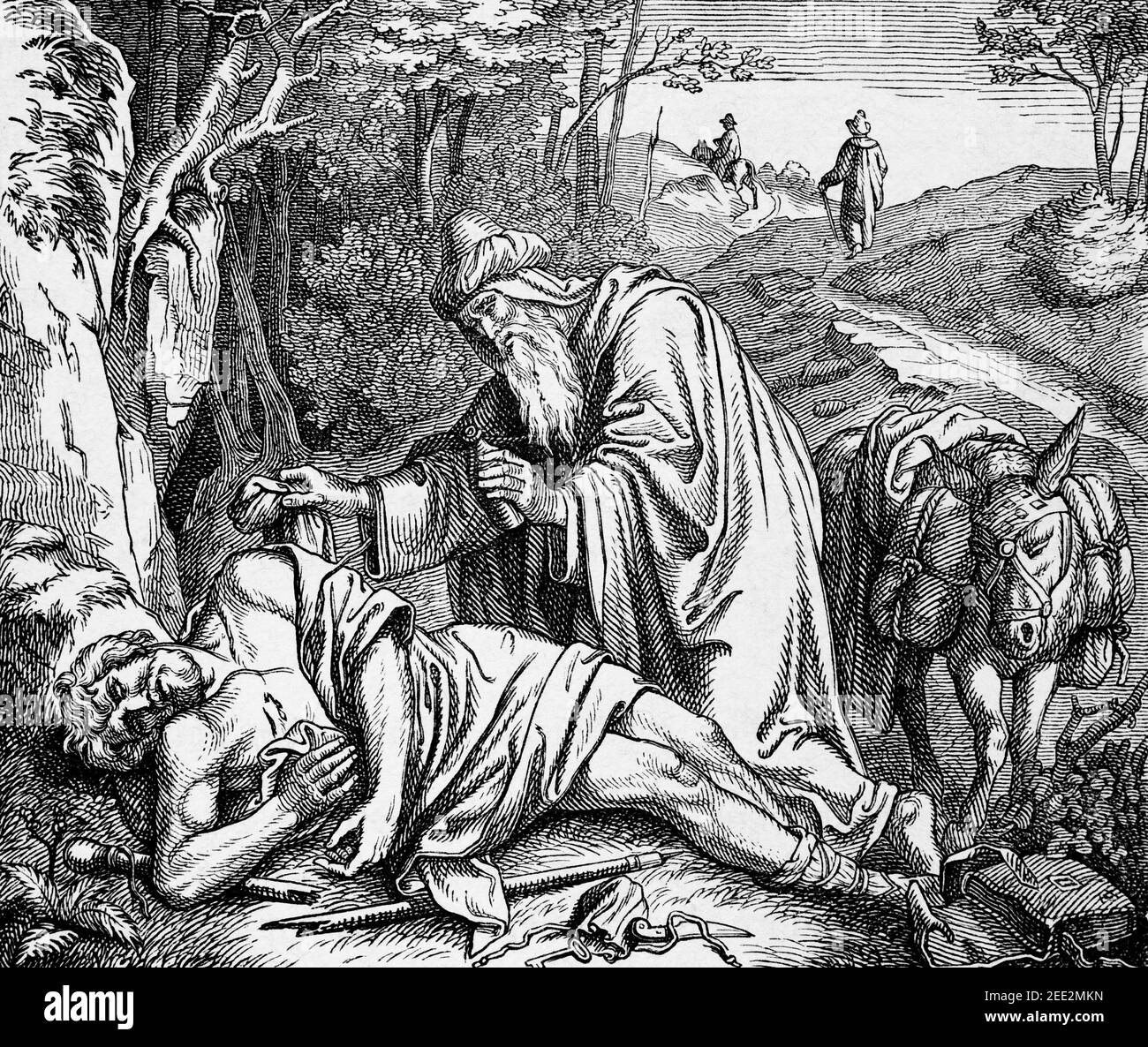 Das Gebot der Nächstenliebe. Der gute Samaritian, Szene des Neuen Testaments, Histoire Biblique de L´Ancien Testament, Stockfoto