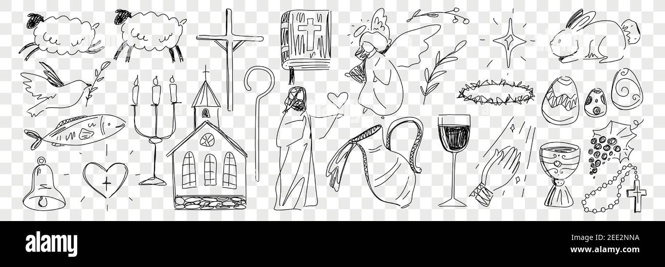 Religiöse Symbole aus bibel Doodle Set. Sammlung von handgezeichneten jesus Tiere bibel Buch heiligen Wein in Krug Engel und christentum ostern und festliche Attribute isoliert auf transparentem Hintergrund Stock Vektor