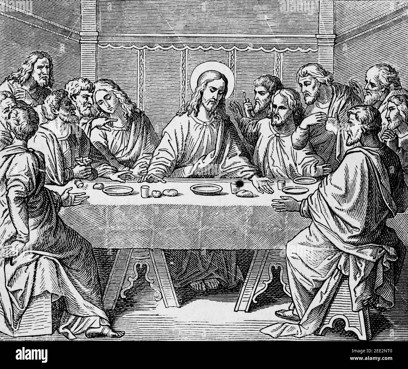 Jesus führt die gesegneten Sakramente ein und sagt den Verrat von Judas voraus, Szene des Neuen Testaments, Histoire Biblique de L´Ancien Testament, Stockfoto
