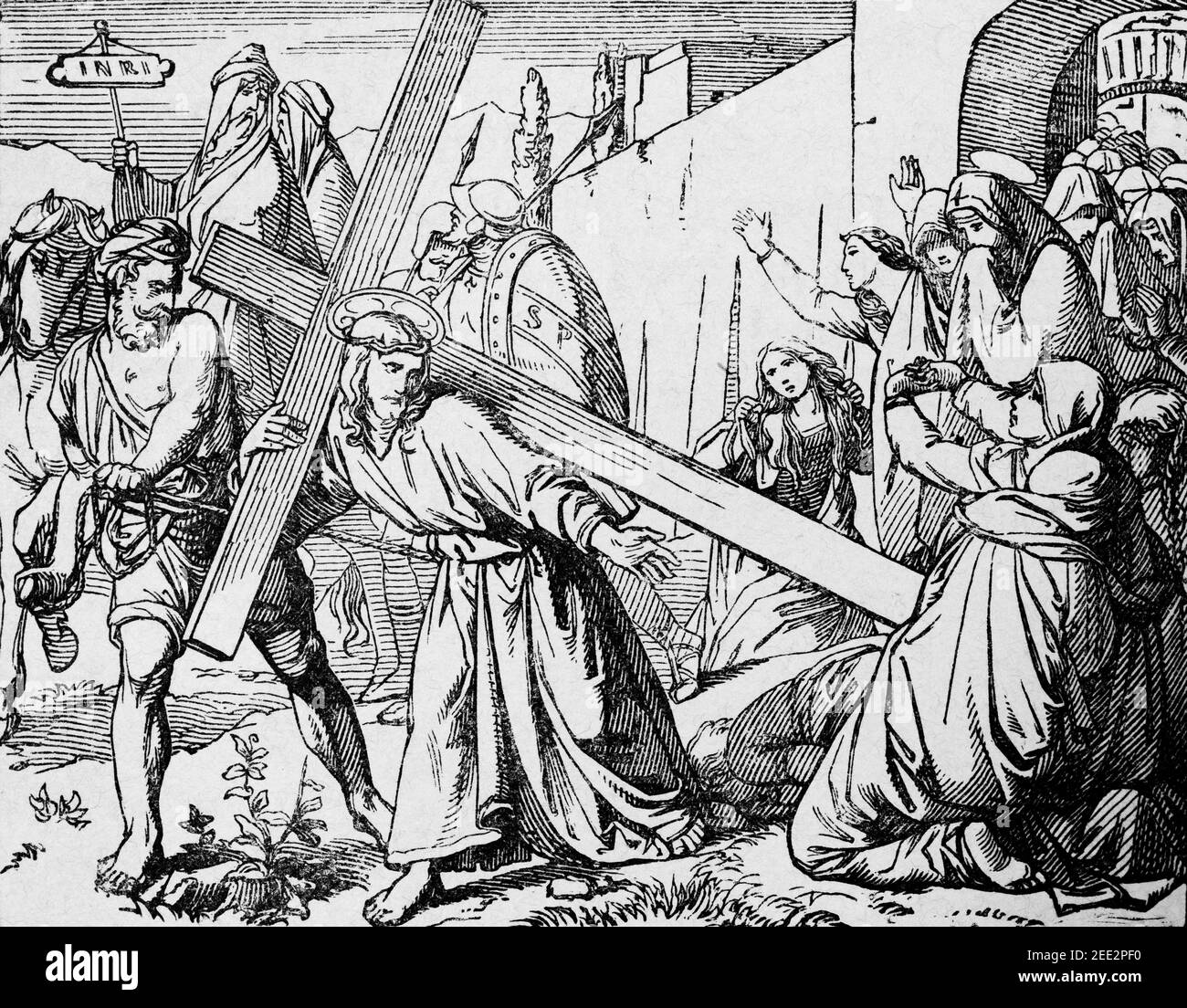 Jesus trägt ein schweres Kreuz auf seinem Weg zum Gekreuzigten, Szene des Neuen Testaments, Histoire Biblique de L´Ancien Testament, Stockfoto