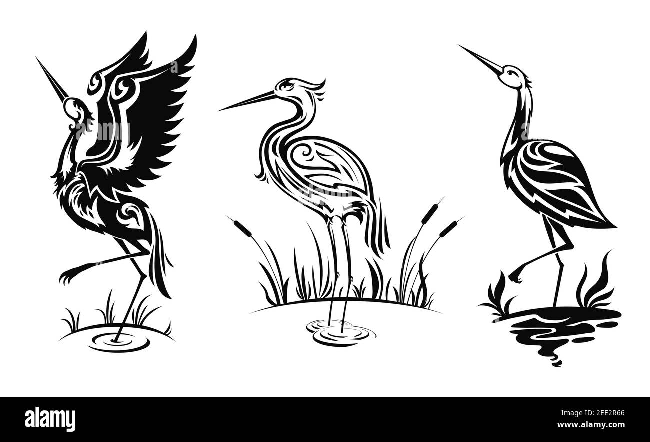 Reiher oder Watvögel Vektor-Ikonen, schwarze hern Silhouetten stehen im Sumpfwasser mit Schilf. Reiher mit kunstvollen Körper watend in Sumpf Seitenansicht, Tattoo d Stock Vektor