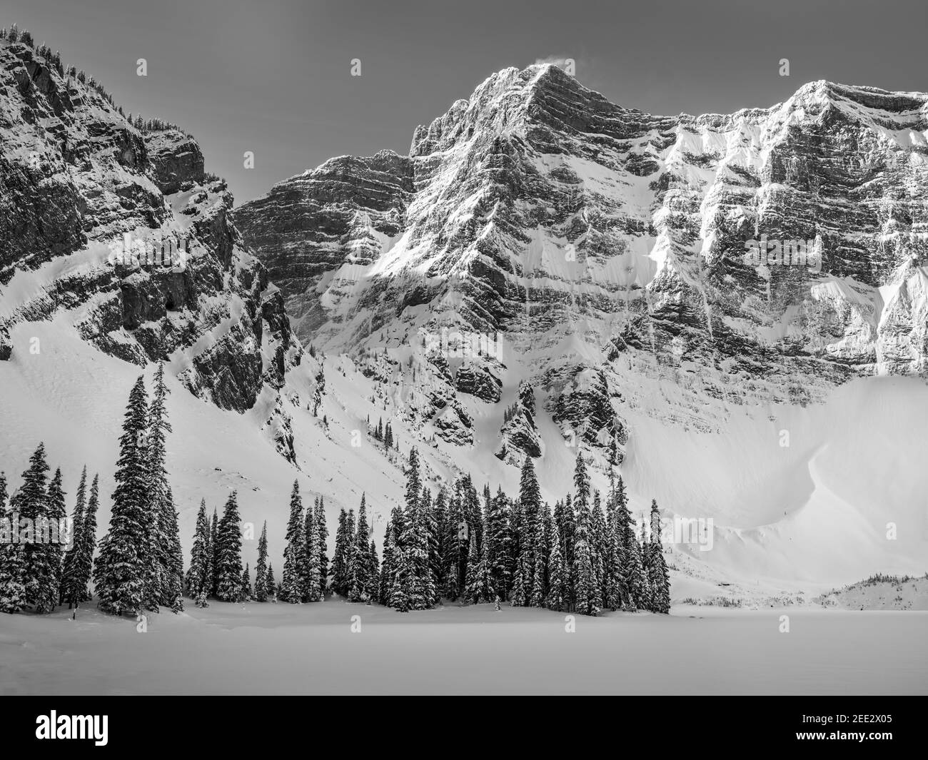 Schwarz-Weiß-Winterbild - Mount Rawson, Kananaskis, Alberta, Kanada Stockfoto