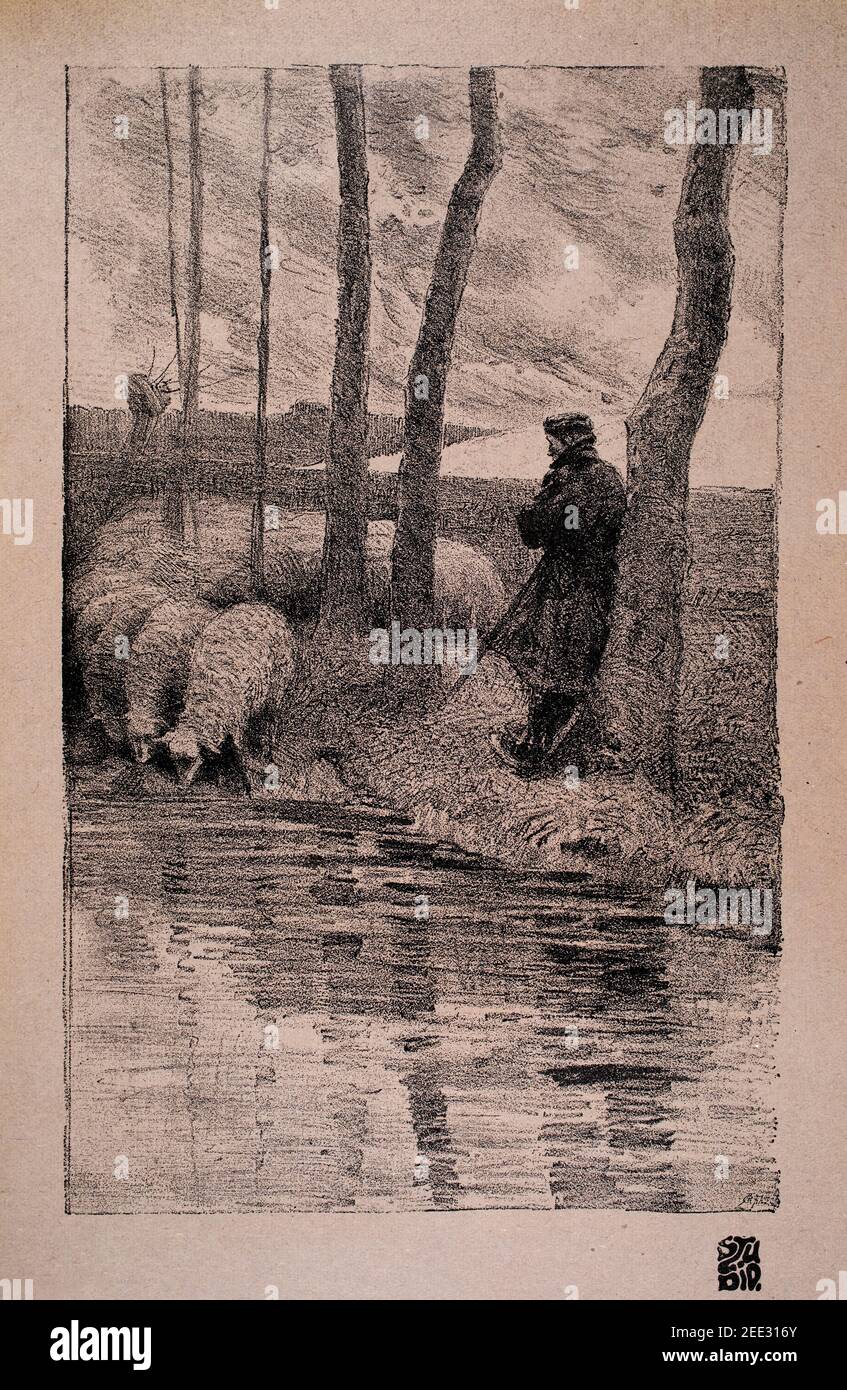 Hirte mit Schafen am Teich im Winter, Halbtonwiedergabe der Lithographie des deutschen Künstlers Robert Sterl, 1899 das Studio an Illustrated Magazine o Stockfoto